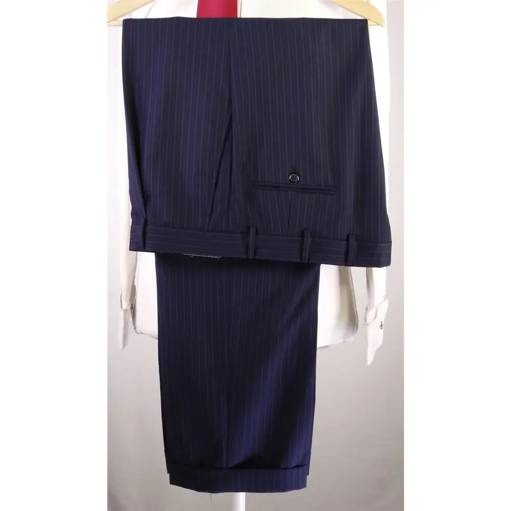 Hart Schaffner Marx Very Recent Navy Blue Striped 2-Btn Wool Suit 44L
